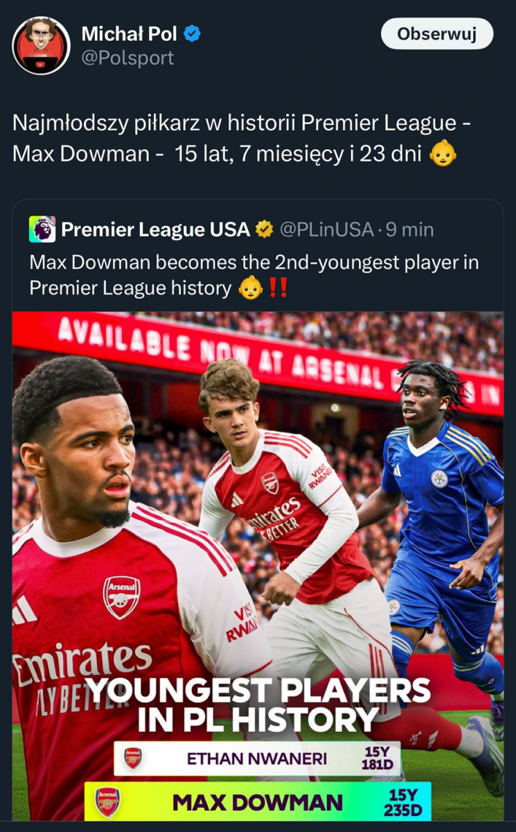 Michał Pol podaje dalej wpis o NAJMŁODSZYCH DEBIUTANTACH w historii Premier League i... xD